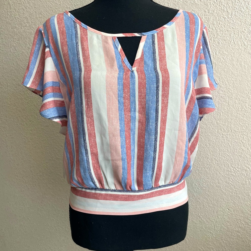 Flutter Sleeve Tie Back Cropped Junior's Top (Multi
Distressed Stripe) - Picture 8 of 13